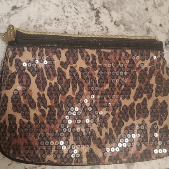 Betsey Johnson Animal Print Sequin Make Up Cosmetic Wristlet Bag rounded bottom. - Picture 2 of 10